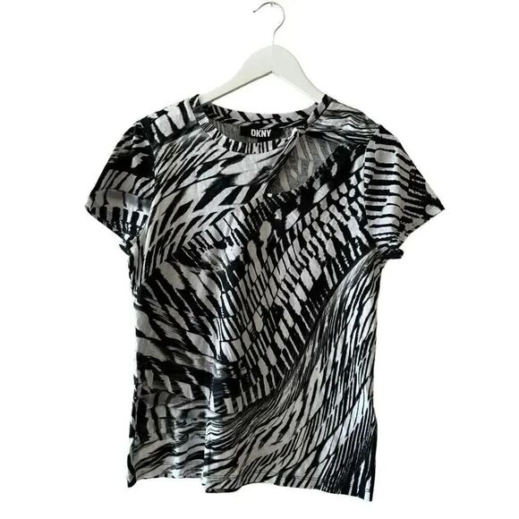 Dkny Print Knot Cutout T-Shirt in Black White Combo Soft Short Sleeves SZ M #189 - Picture 2 of 12